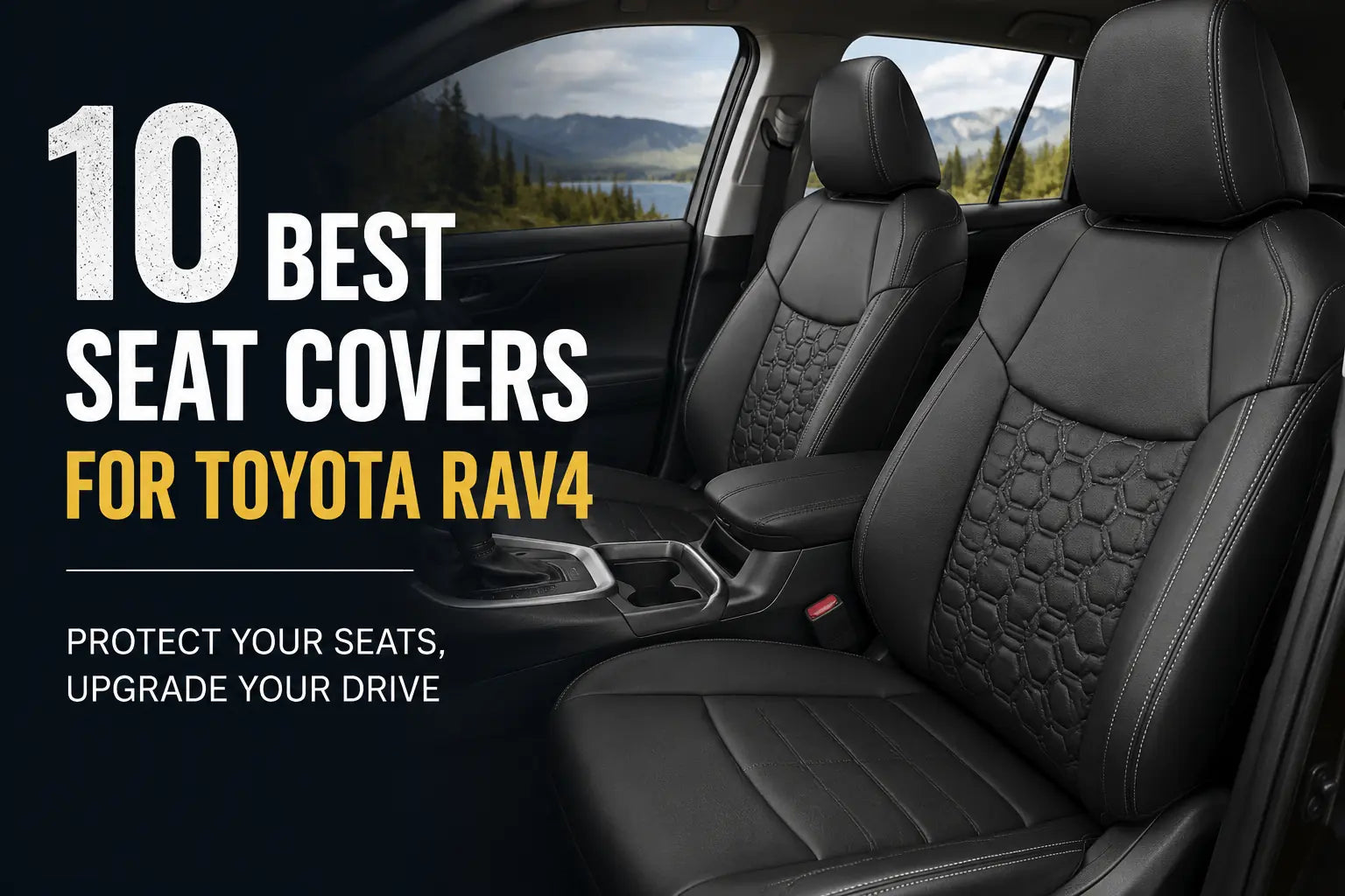 Black leather car seat covers with geometric pattern installed in a Toyota RAV4 interior, designed for seat protection and interior enhancement.