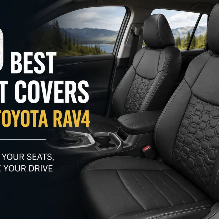 Black leather car seat covers with geometric pattern installed in a Toyota RAV4 interior, designed for seat protection and interior enhancement.