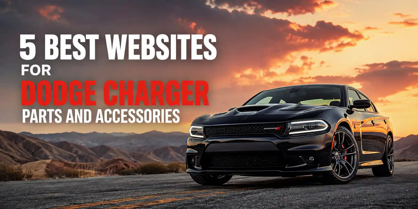 Black Dodge Charger parked on an open desert highway at sunset.