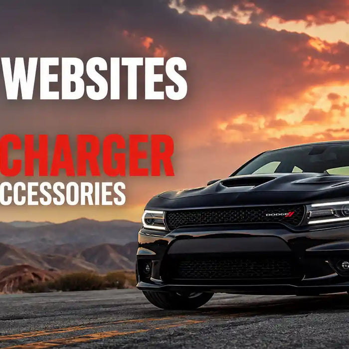 Black Dodge Charger parked on an open desert highway at sunset.