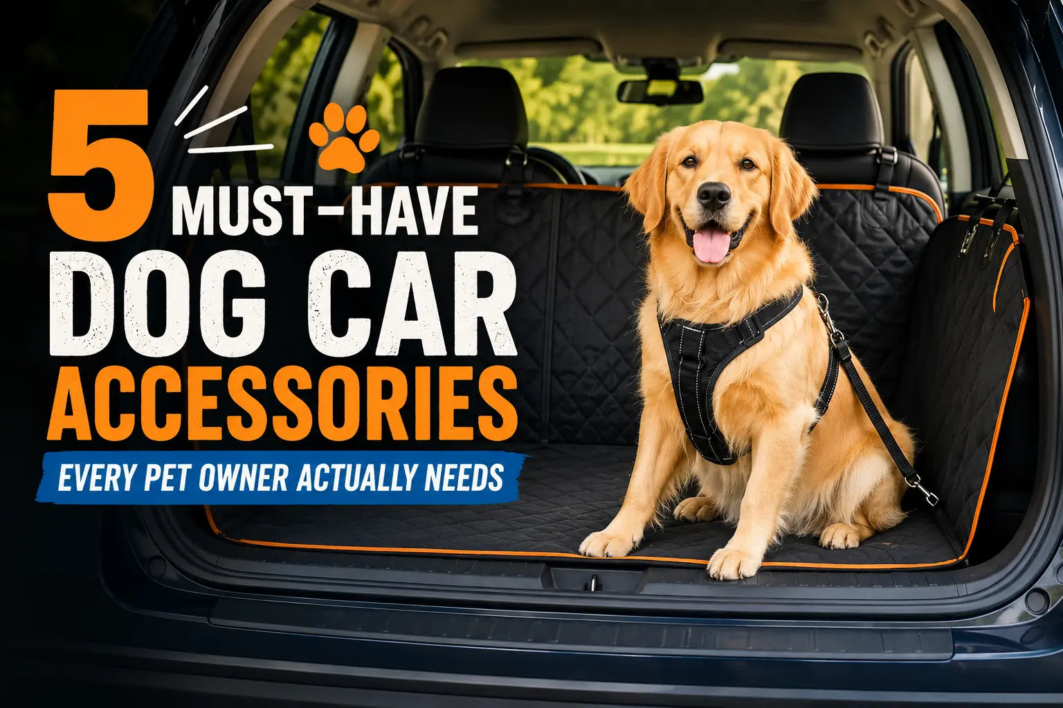 Golden retriever in car back with harness, overlay text 5 MUST-HAVE DOG CAR ACCESSORIES EVERY PET OWNER ACTUALLY NEEDS and paw print icon.
