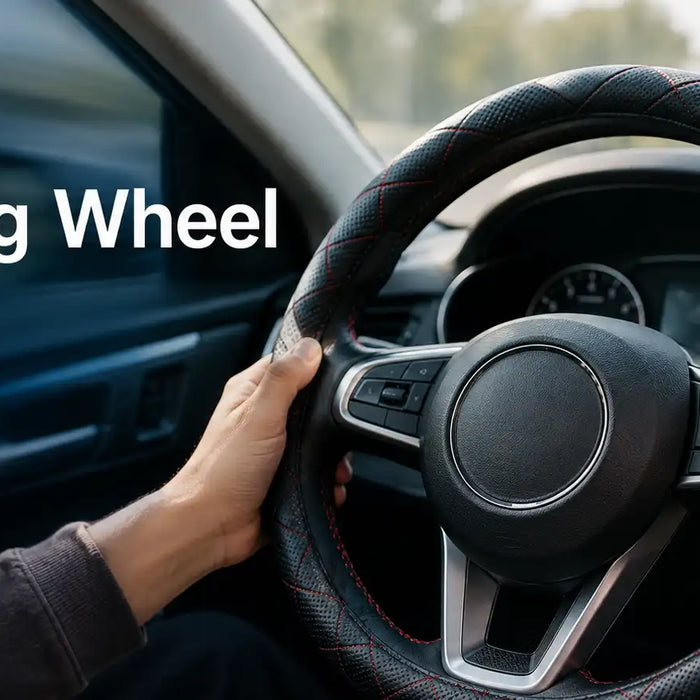 Driver holding a steering wheel with a black leather cover while driving, illustrating the safety considerations of using steering wheel covers in cars