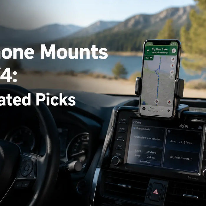 Best Phone Mounts for RAV4 10 Top-Rated Picks in 2026 featuring a Toyota RAV4 interior dashboard with a smartphone holder displaying navigation on a scenic road trip background