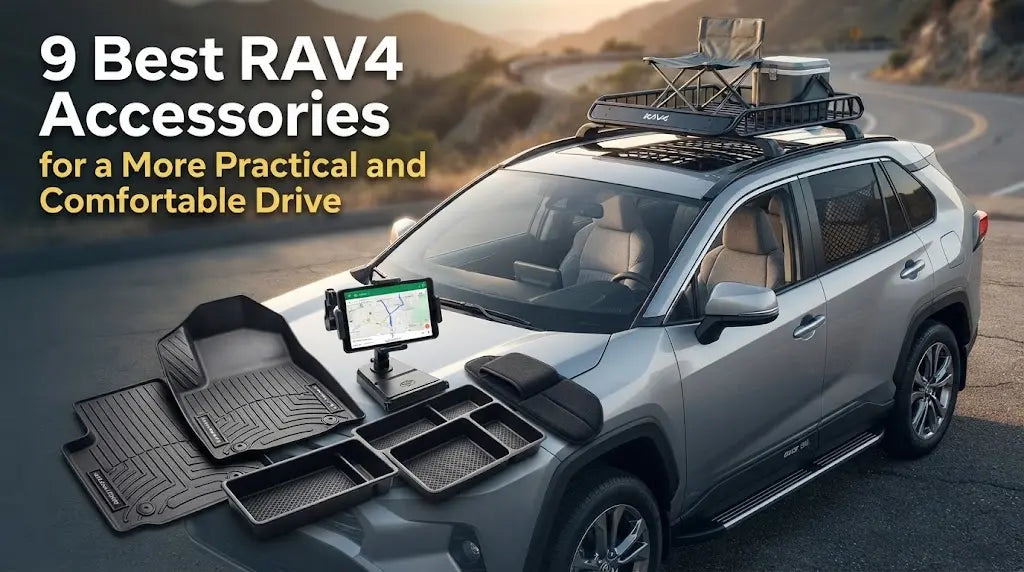 A silver Toyota RAV4 SUV parked on a scenic winding road with a roof cargo rack, while various popular accessories—such as all-weather floor mats, a dashboard organizer, and a screen mount—are creatively displayed on its hood.