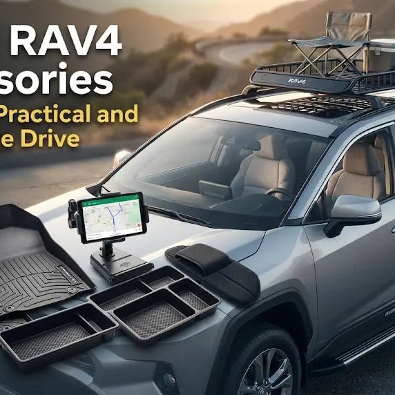 A silver Toyota RAV4 SUV parked on a scenic winding road with a roof cargo rack, while various popular accessories—such as all-weather floor mats, a dashboard organizer, and a screen mount—are creatively displayed on its hood.