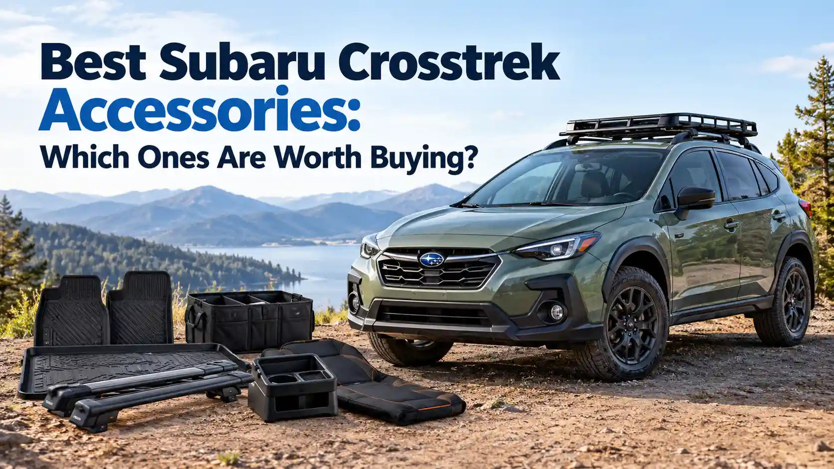 A green Subaru Crosstrek parked outdoors with essential accessories laid out in the foreground