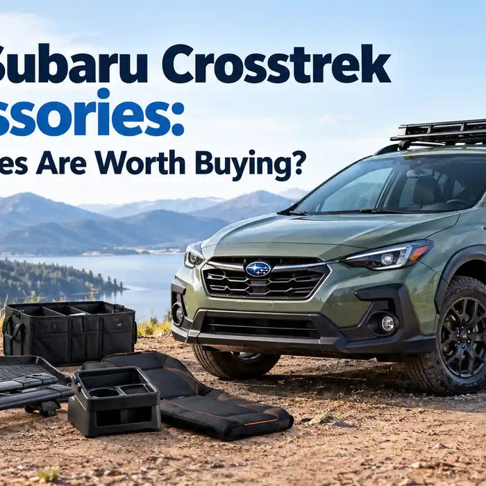A green Subaru Crosstrek parked outdoors with essential accessories laid out in the foreground