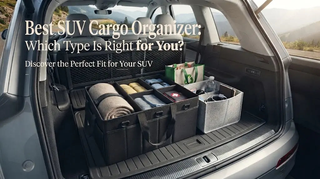 A high-angle, interior photograph looking into the open rear cargo area of a modern, light-grey SUV.