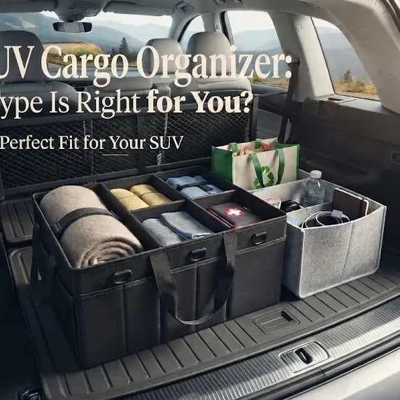 A high-angle, interior photograph looking into the open rear cargo area of a modern, light-grey SUV.