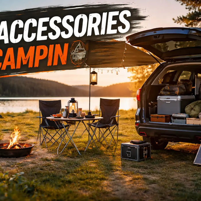 A well-organized car camping scene featuring a fully packed SUV, outdoor table and chairs, campfire, and a tent by the lake at sunset.