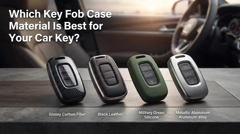 Four distinct car key fob cases made of different materials—glossy carbon fiber, black leather, military green silicone, and metallic aluminum—are neatly lined up on a textured dark surface against a blurred, luxurious car interior background.