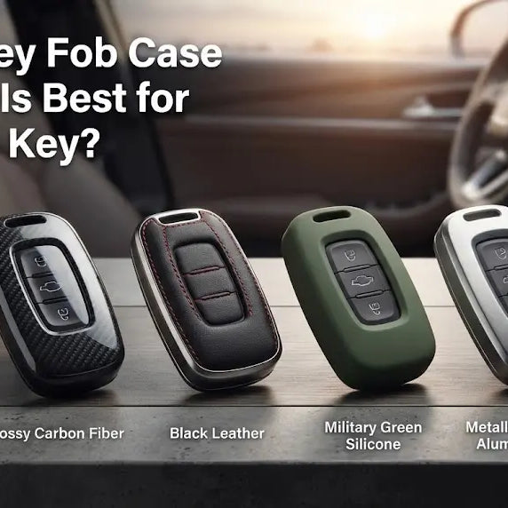 Four distinct car key fob cases made of different materials—glossy carbon fiber, black leather, military green silicone, and metallic aluminum—are neatly lined up on a textured dark surface against a blurred, luxurious car interior background.