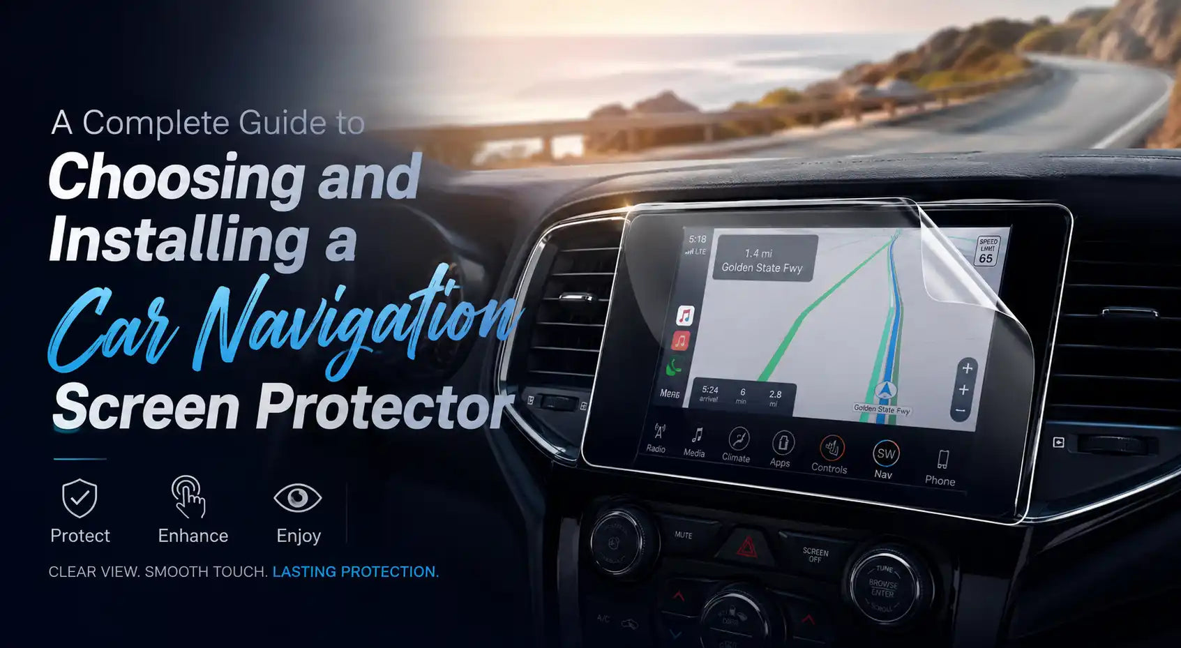 A modern car dashboard featuring a navigation touchscreen covered with a clear screen protector, illustrating how to choose and install a car navigation screen protector for better screen protection and visibility.