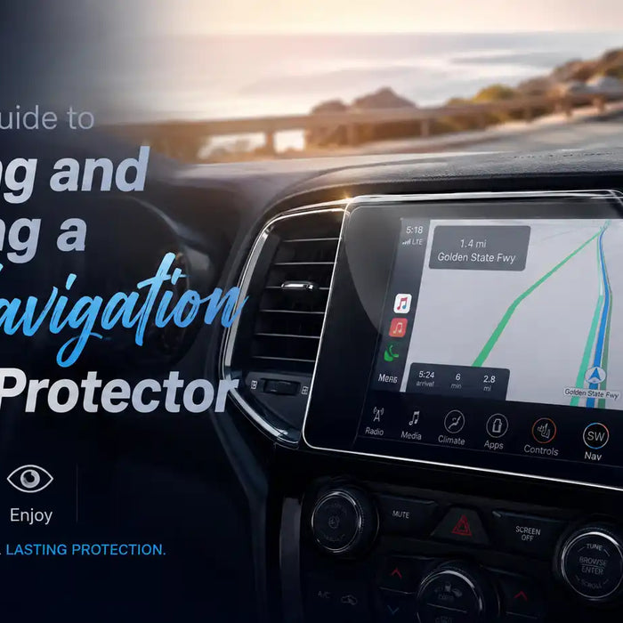 A modern car dashboard featuring a navigation touchscreen covered with a clear screen protector, illustrating how to choose and install a car navigation screen protector for better screen protection and visibility.