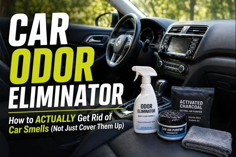 Car interior with odor eliminator spray, charcoal bag, and air purifier on the seat, showing a clean setup for removing car smells effectively.