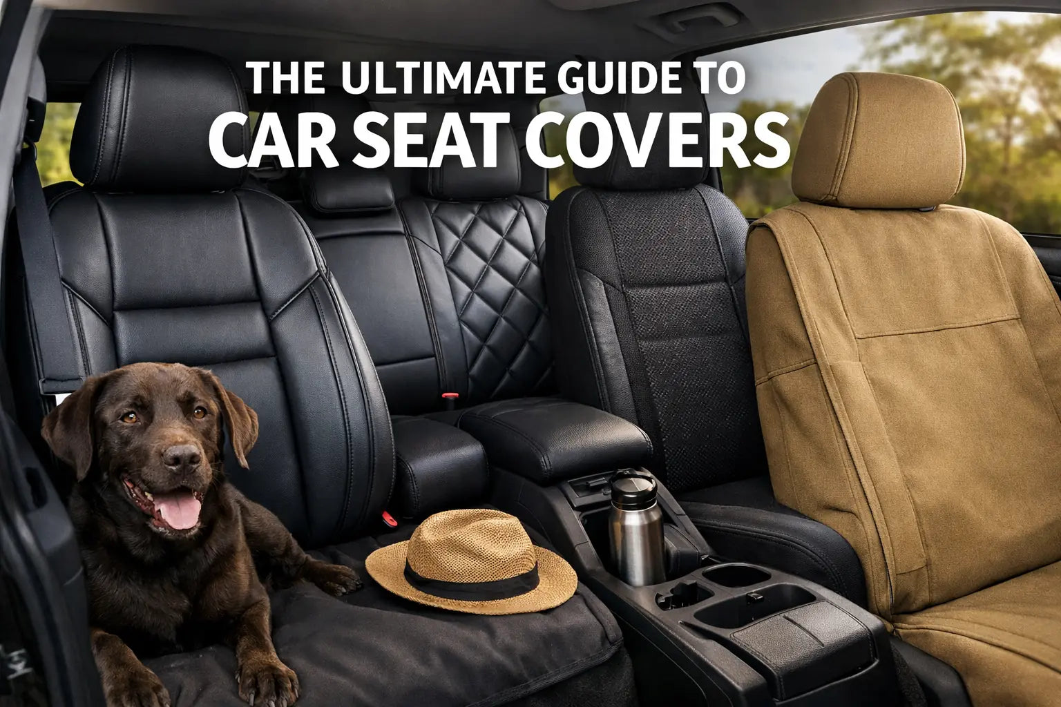 An image showcasing car seat covers with black and beige options, featuring a brown dog, a straw hat, and a stainless steel thermos on the seats.