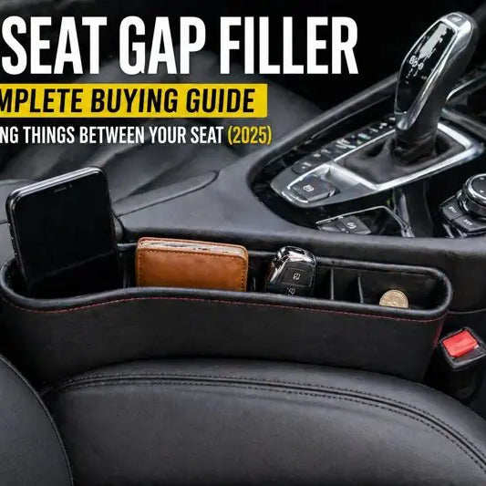Infographic showing different car seat gap filler types, including foam, leather storage, and charging models, with tips on measuring and choosing the right fit.