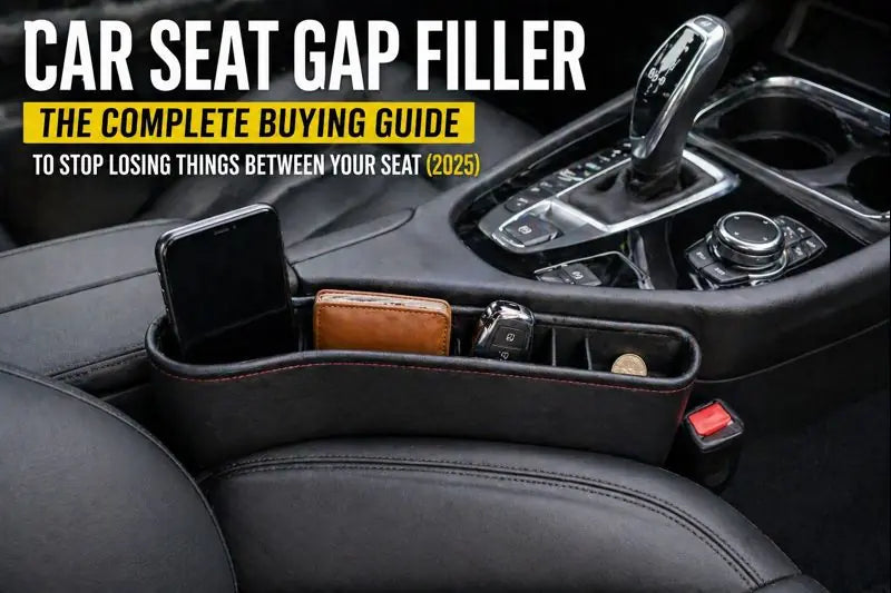 Infographic showing different car seat gap filler types, including foam, leather storage, and charging models, with tips on measuring and choosing the right fit.