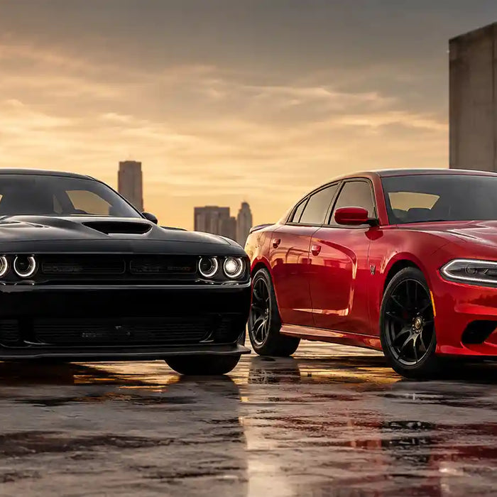 Black Dodge Challenger and Red Dodge Charger parked side by side on a wet concrete surface during sunset with a city skyline in the background.