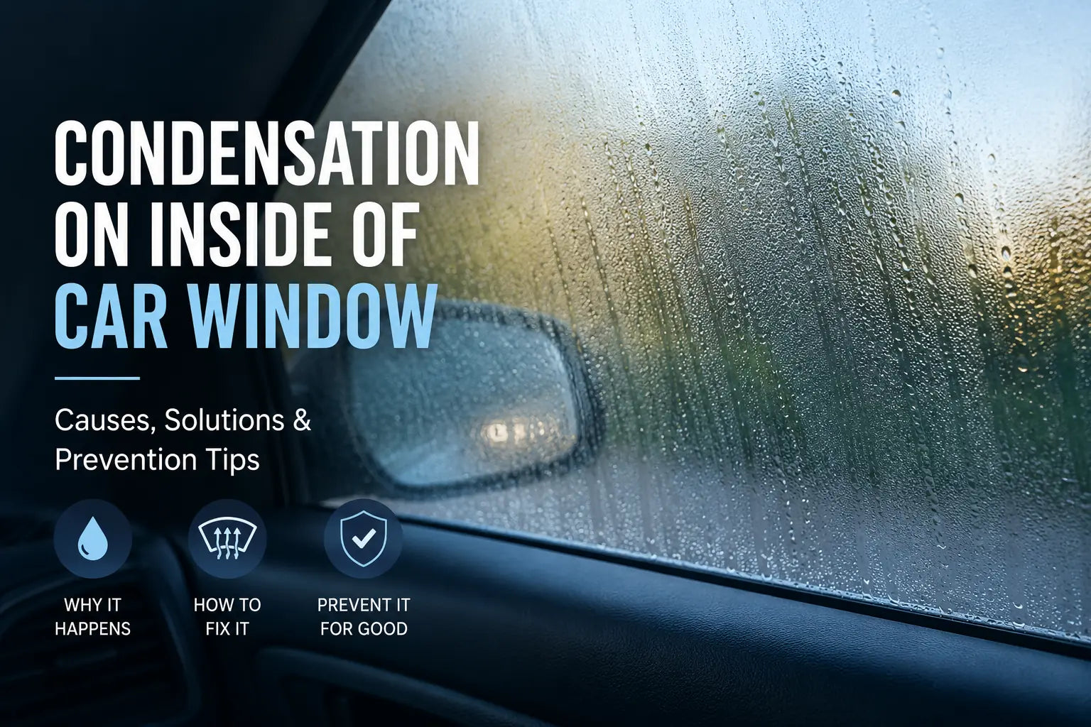 Close-up view of condensation forming on the inside of a car window, showing moisture buildup and visibility issues during cold or humid weather.