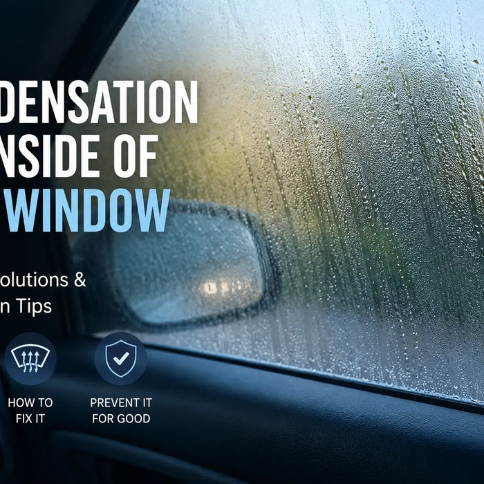 Close-up view of condensation forming on the inside of a car window, showing moisture buildup and visibility issues during cold or humid weather.