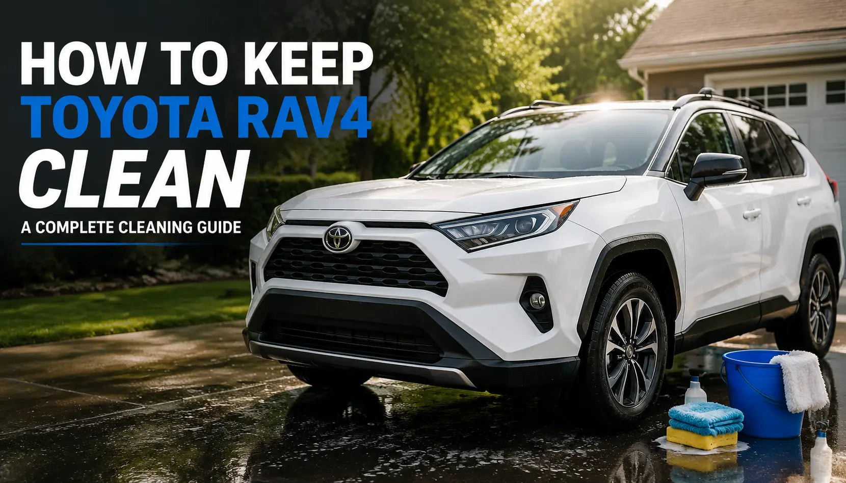 How to keep Toyota RAV4 clean with a white Toyota RAV4 being washed outdoors, showing a complete vehicle cleaning guide with car washing supplies and maintenance tips for exterior and interior care.