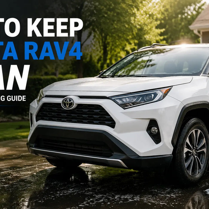 How to keep Toyota RAV4 clean with a white Toyota RAV4 being washed outdoors, showing a complete vehicle cleaning guide with car washing supplies and maintenance tips for exterior and interior care.