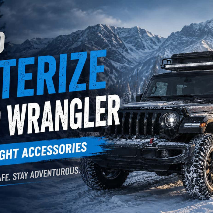 The featuring a modified Jeep Wrangler equipped with off-road tires, roof storage, auxiliary lighting, and other cold-weather upgrades on a snowy mountain trail.