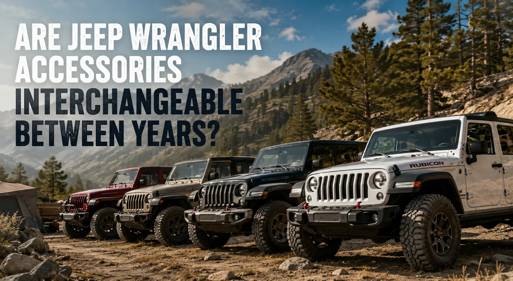 A wide landscape image showing multiple Jeep Wrangler models from different generations parked side by side on a rugged mountain trail