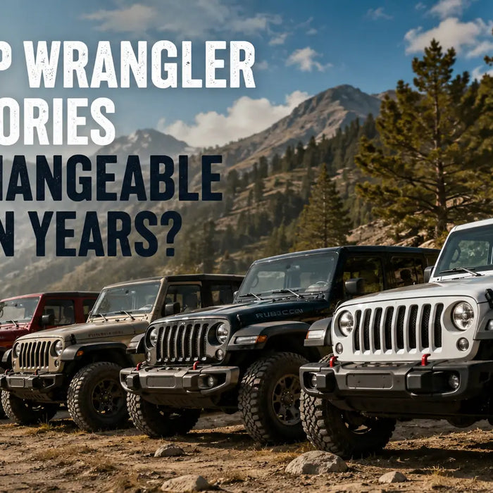 A wide landscape image showing multiple Jeep Wrangler models from different generations parked side by side on a rugged mountain trail