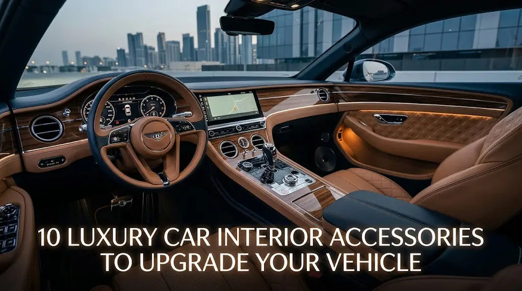 A luxury car interior showcasing modern accessories with title reading "10 Luxury Car Interior Accessories to Upgrade Your Vehicle".