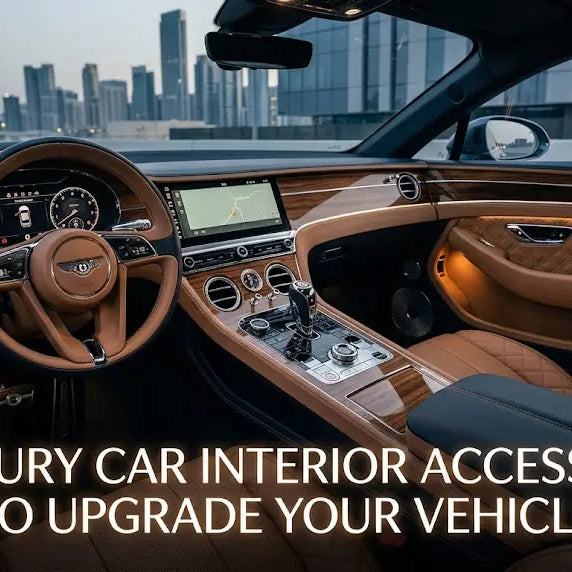 A luxury car interior showcasing modern accessories with title reading "10 Luxury Car Interior Accessories to Upgrade Your Vehicle".