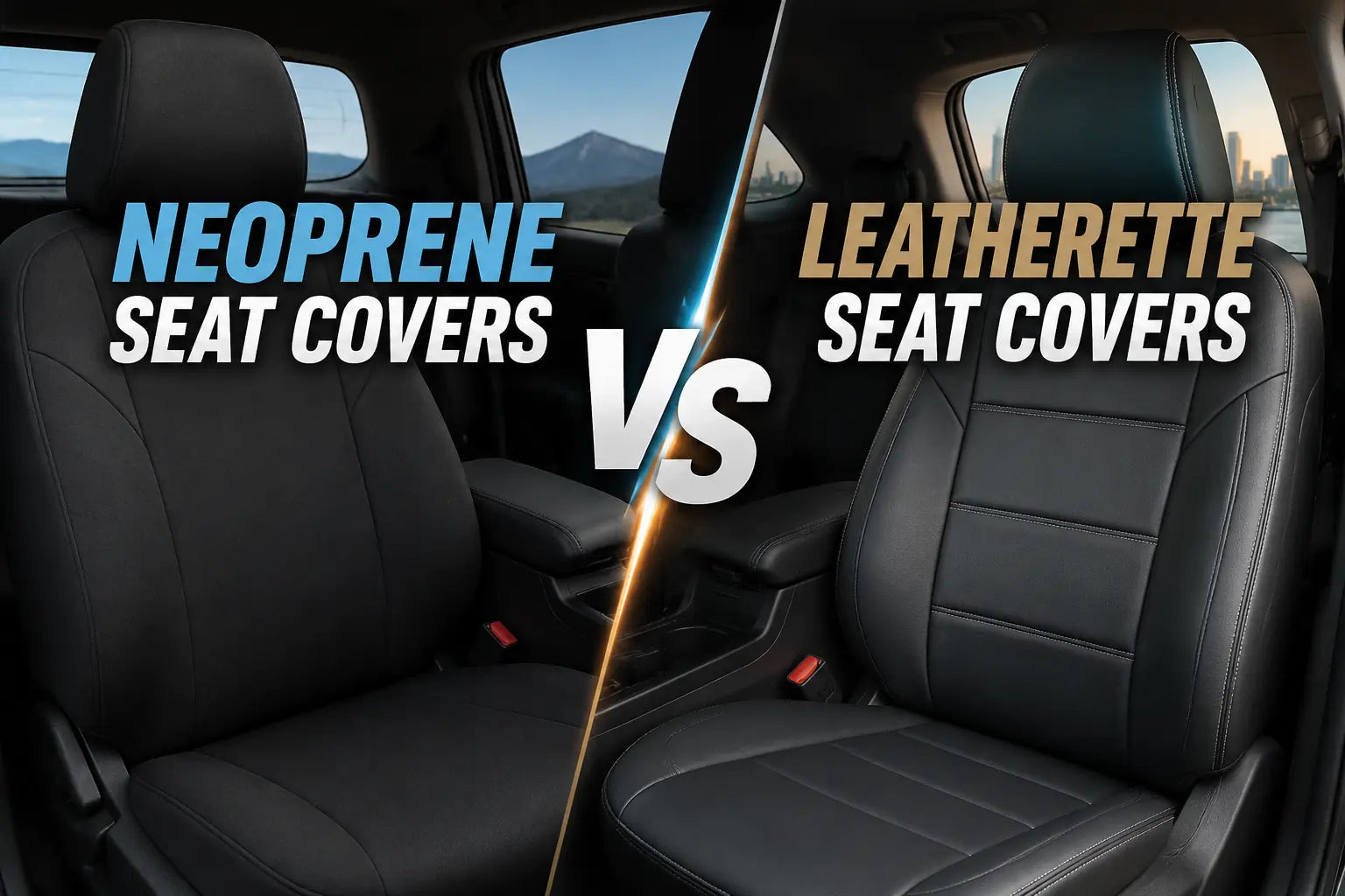 Neoprene Seat Covers vs Leatherette Seat Covers comparison showing two different car seat cover materials in a modern vehicle interior