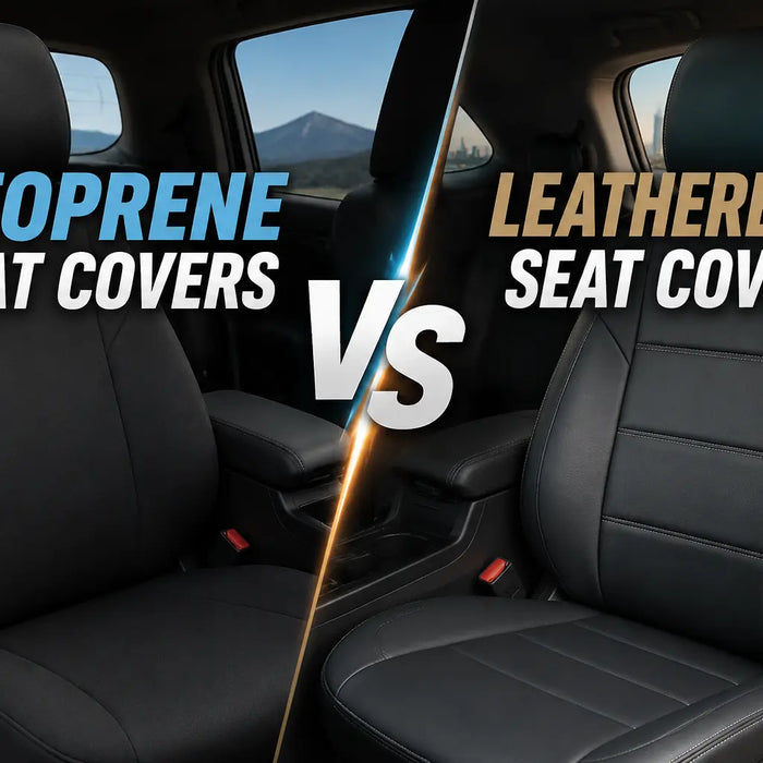Neoprene Seat Covers vs Leatherette Seat Covers comparison showing two different car seat cover materials in a modern vehicle interior