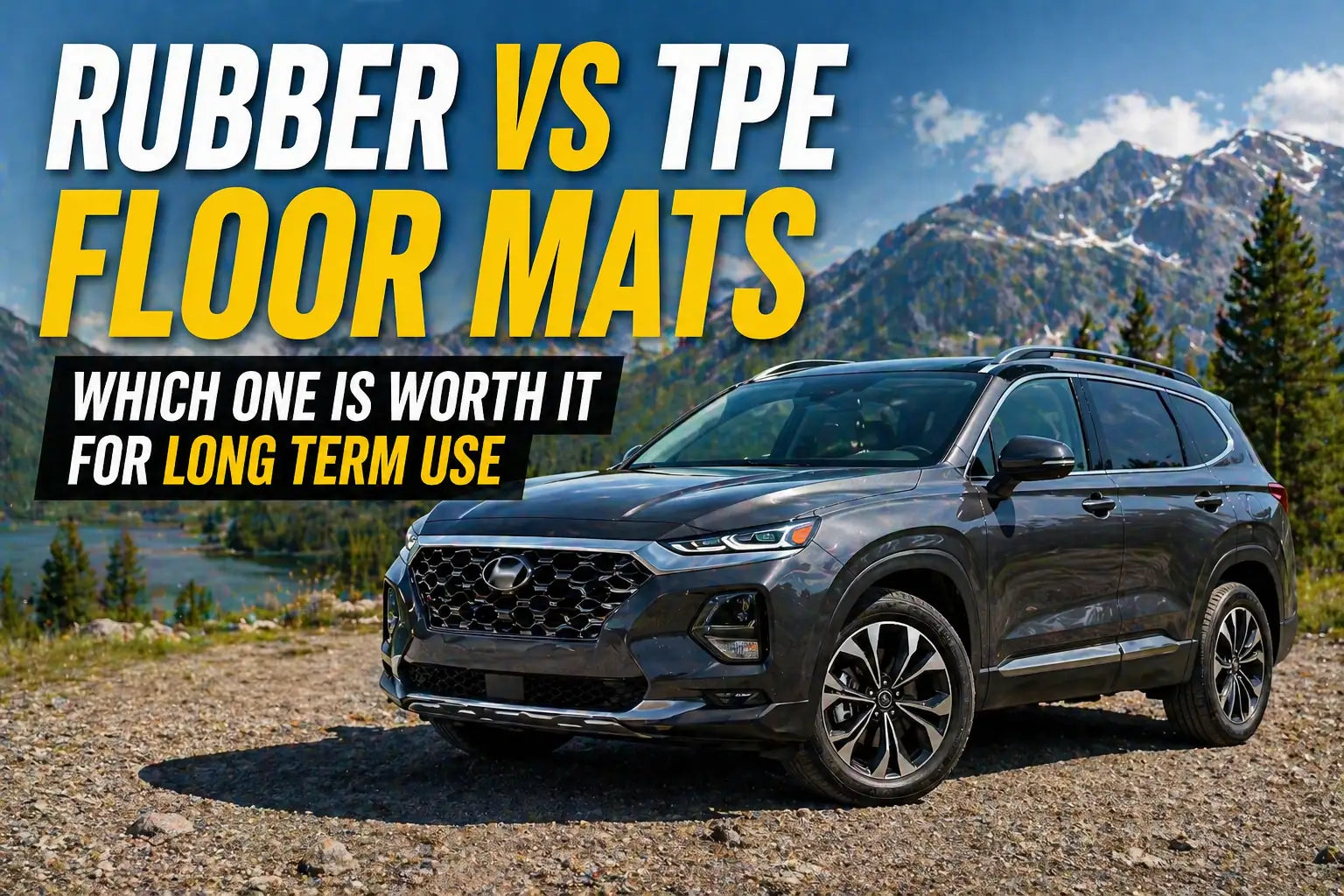 Wide outdoor photo of a modern SUV parked near mountains and a lake, with bold text highlighting rubber vs TPE floor mats comparison for long term use.