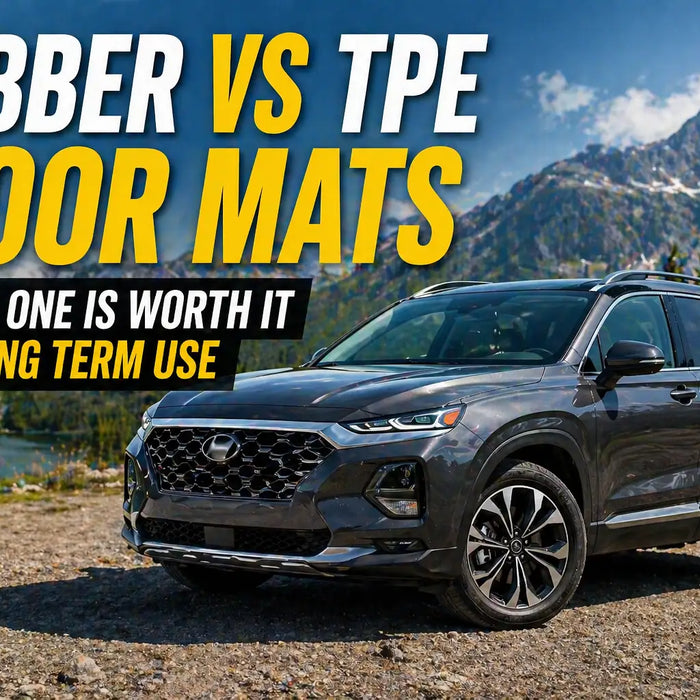 Wide outdoor photo of a modern SUV parked near mountains and a lake, with bold text highlighting rubber vs TPE floor mats comparison for long term use.
