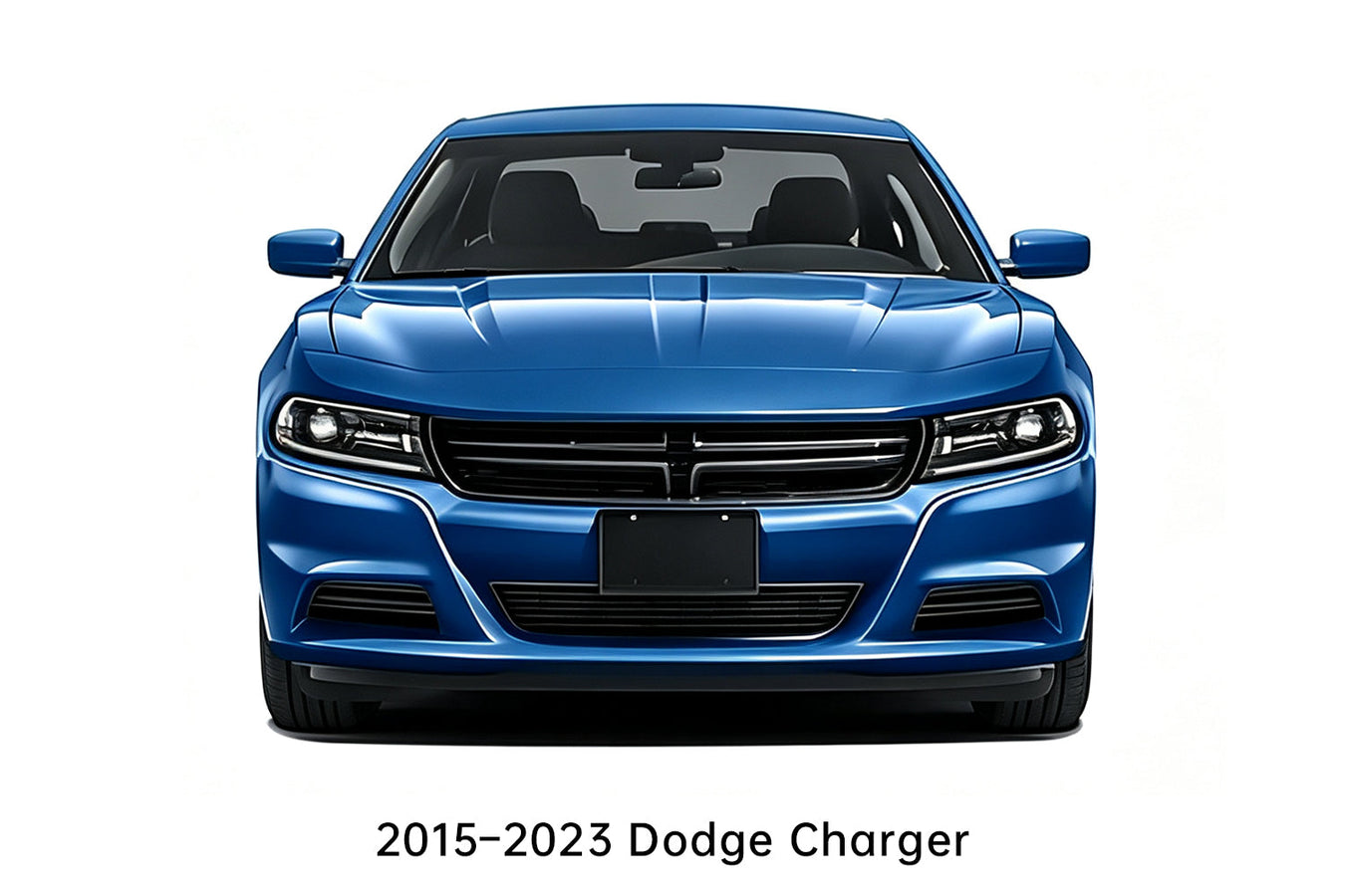 Front view of a blue 2015-2023 Dodge Charger showcasing the front grille, headlights, and front bumper fitment for automotive accessories.