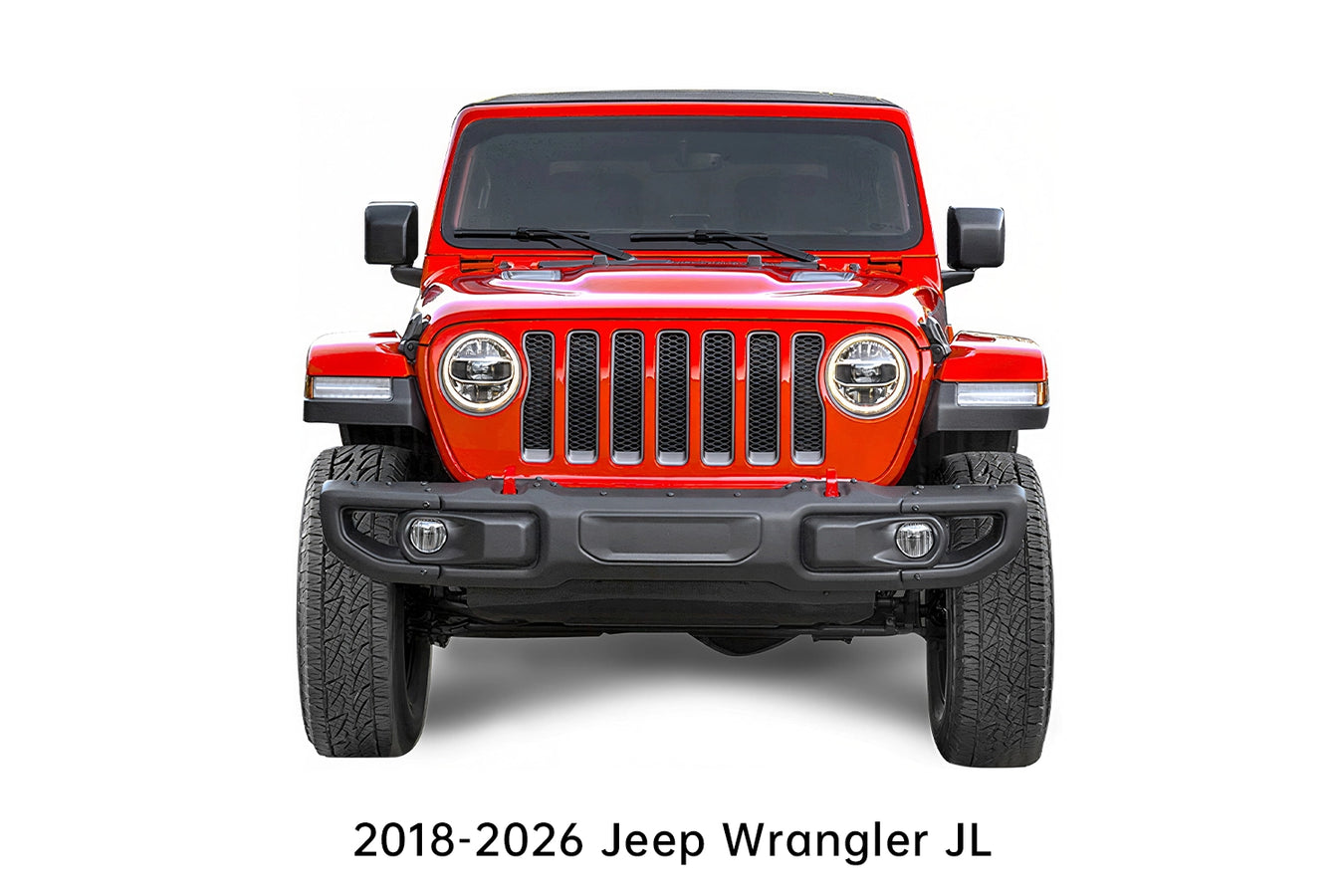 Front-facing view of a 2018–2026 Jeep Wrangler JL featuring its seven-slot grille, round headlights, and rugged off-road stance