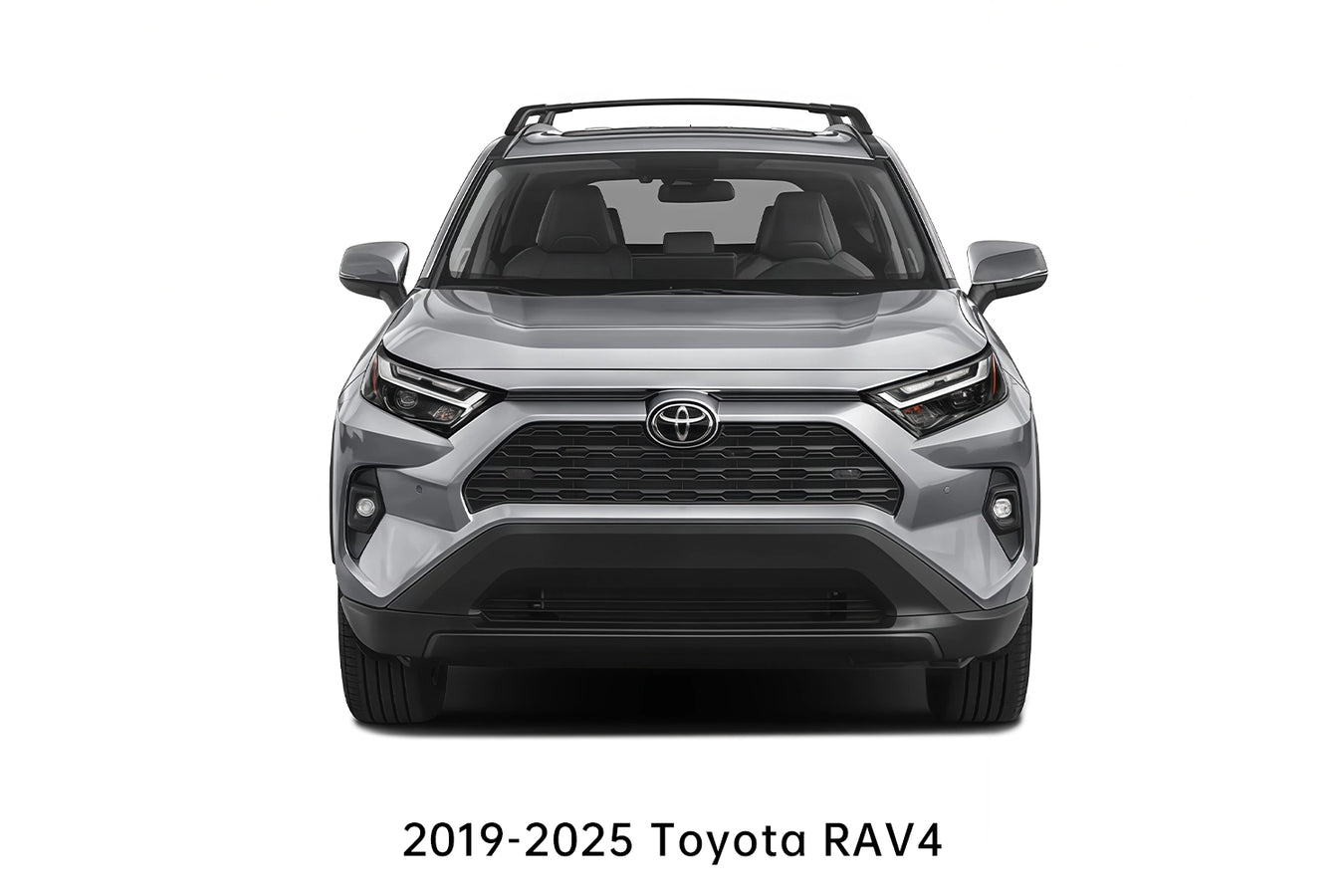 Front view of a 2019-2025 silver Toyota RAV4 SUV featuring the Toyota emblem, LED headlights, honeycomb grille, and roof rails.