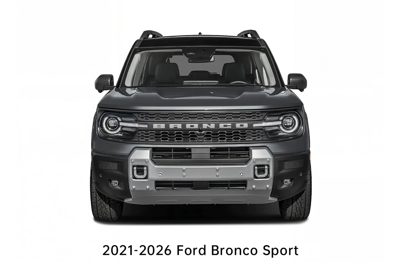 Front view of a 2021–2026 Ford Bronco Sport showing its compact SUV design, grille, and exterior details