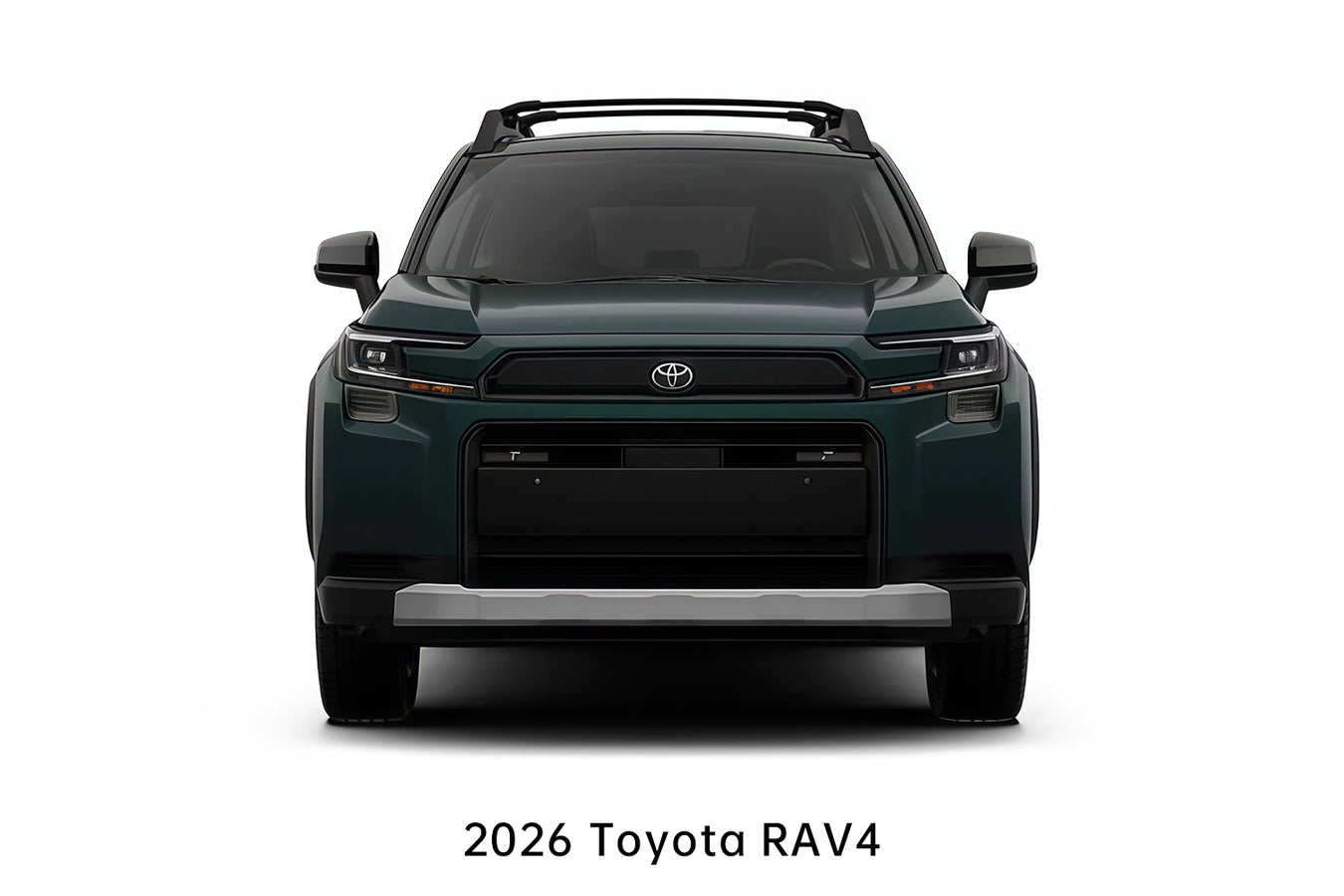 Front view of a 2026 dark green Toyota RAV4 SUV featuring a modern grille design, sleek LED headlights, roof rails, and a silver skid plate.