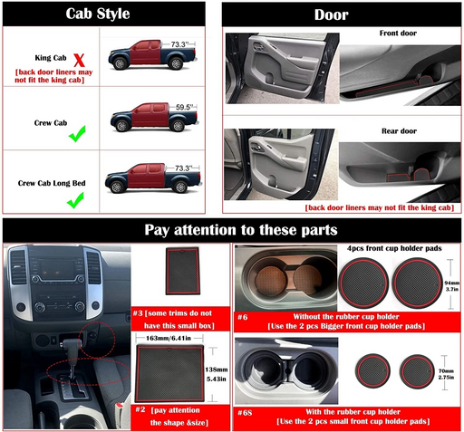 Car interior anti slip mats insert for Nissan Frontier Crew Cab 2005-2019