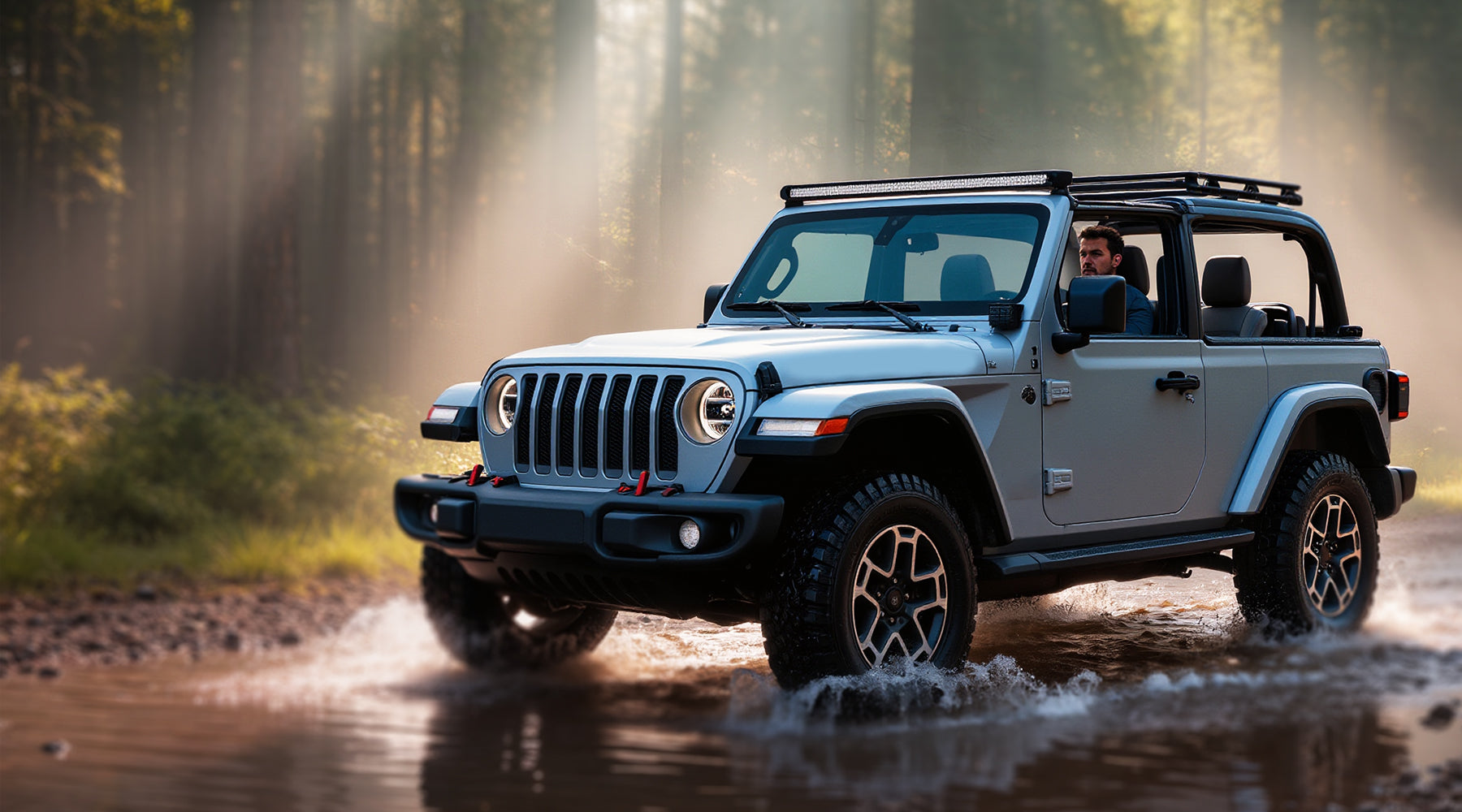 Jeep Wrangler JL driving through shallow water on a forest trail, featuring an open roof, off-road tires, and rugged exterior accessories in a natural outdoor setting