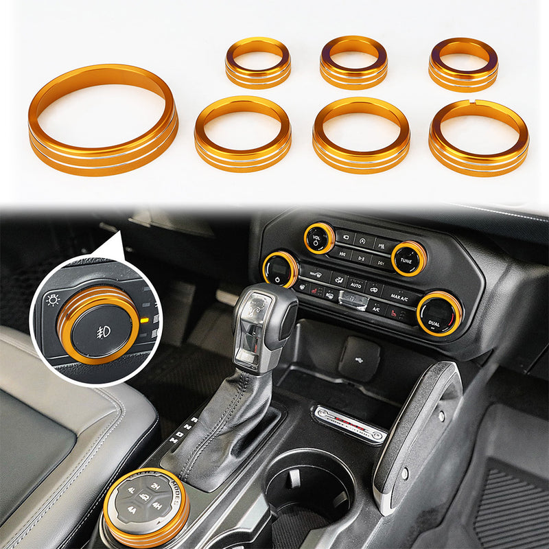 AC audio knob switch covers for Ford Bronco made of aviation-grade aluminum interior trim