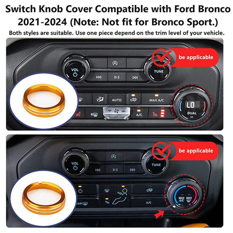 AC audio knob switch covers for Ford Bronco made of aviation-grade aluminum interior trim