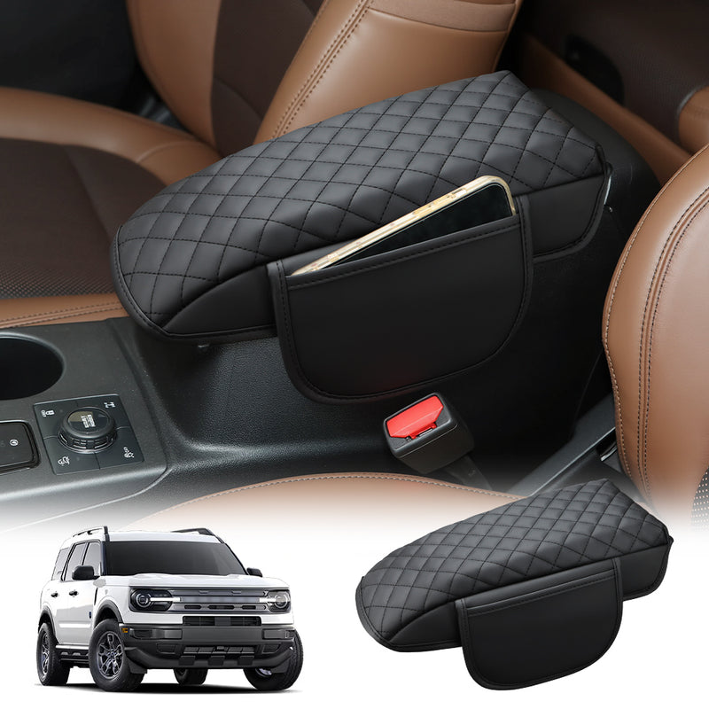 PU leather armrest cover installed on Ford Bronco Sport center console 2021–2025