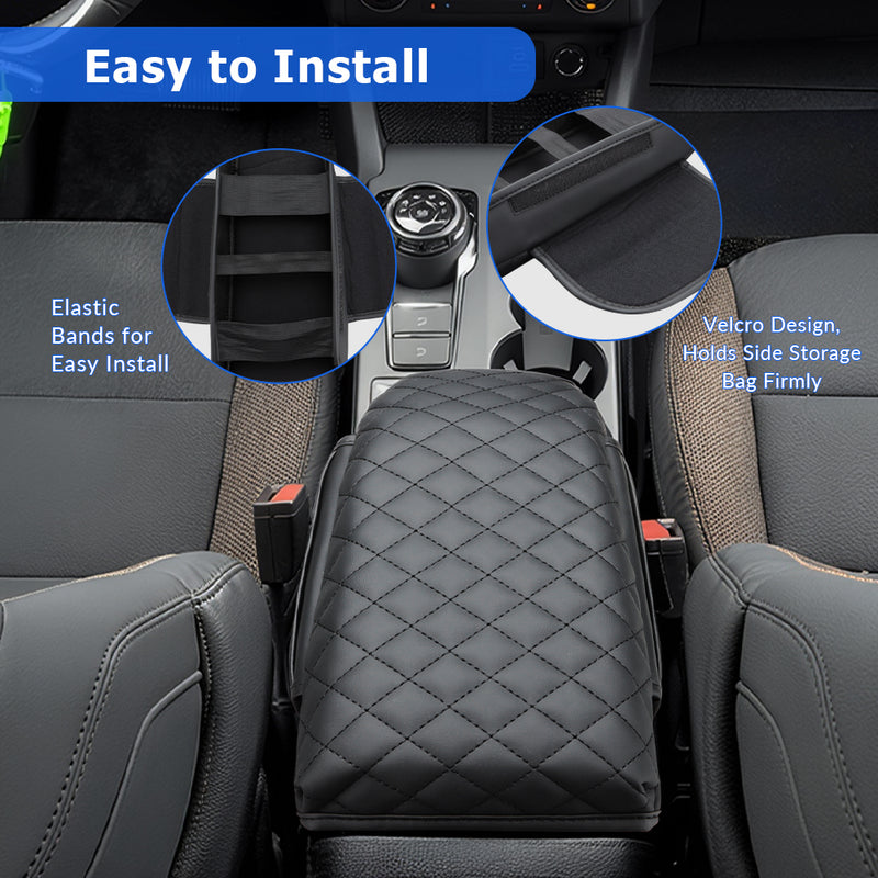 Elastic strap design securing armrest cover on Ford Bronco Sport center console