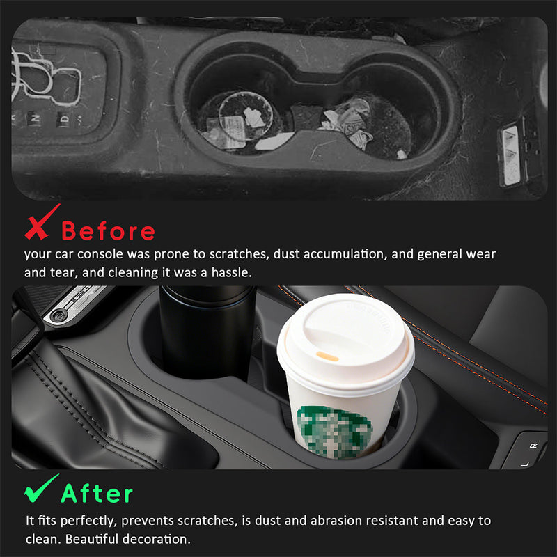 Before and after comparison of a car cup holder: top image shows dust accumulation, bottom image shows the silicone insert providing protection and a clean look.