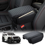 Custom-fit Center Console Armrest Cover for Jeep Wrangler JL / JLU & Jeep Gladiator JT, made from premium PU microfiber leather with memory foam padding. Provides comfort, protection, and additional storage pockets. Compatible with Jeep Wrangler JL/JLU 2018-2025 and Gladiator JT 2020-2025. Not for JK models.