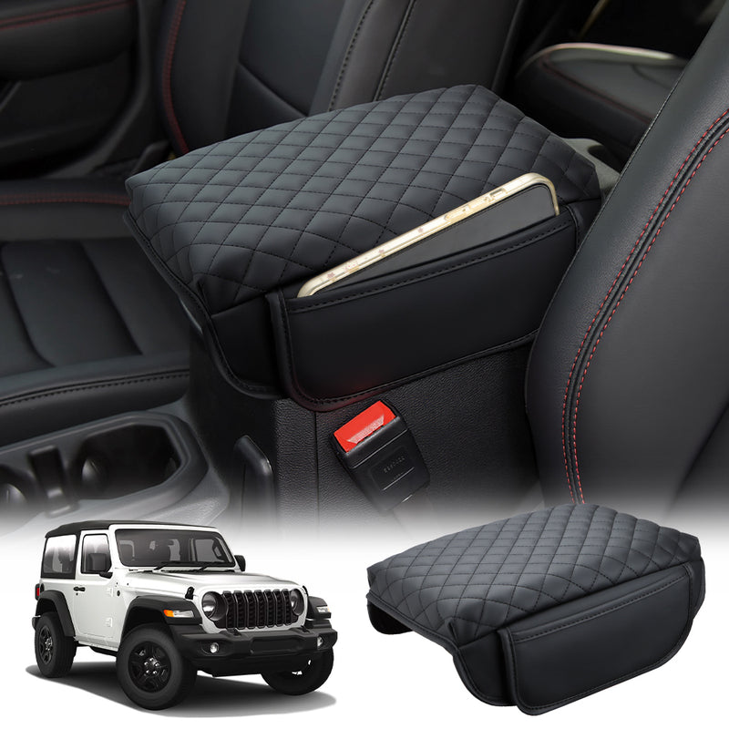Custom-fit Center Console Armrest Cover for Jeep Wrangler JL / JLU & Jeep Gladiator JT, made from premium PU microfiber leather with memory foam padding. Provides comfort, protection, and additional storage pockets. Compatible with Jeep Wrangler JL/JLU 2018-2025 and Gladiator JT 2020-2025. Not for JK models.